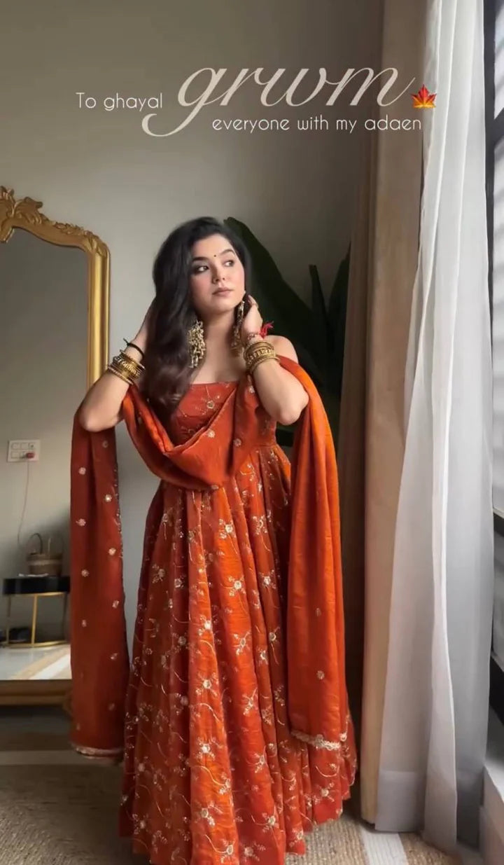 ORANGE PREMIUM READYMADE ANARKALI SUIT SET [3 PIECE]+