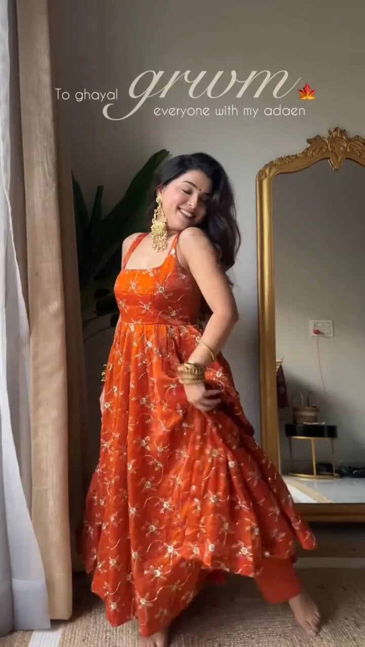 ORANGE PREMIUM READYMADE ANARKALI SUIT SET [3 PIECE]+