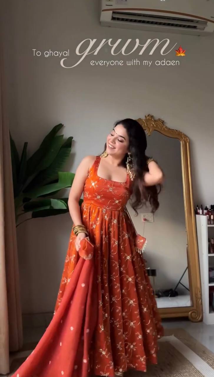 ORANGE PREMIUM READYMADE ANARKALI SUIT SET [3 PIECE]+