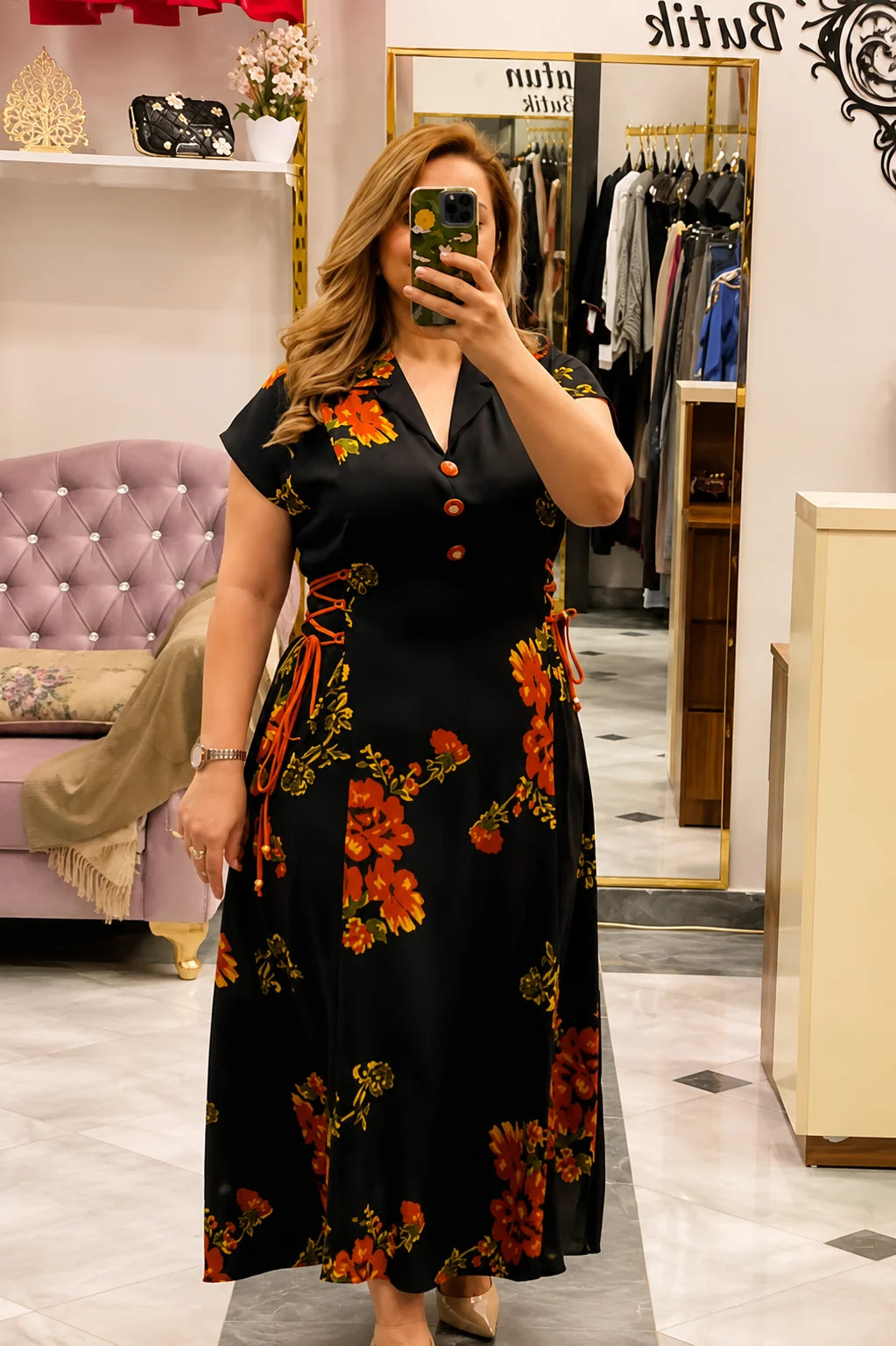 Vintage Floral Lace-Up Waist Maxi Dress