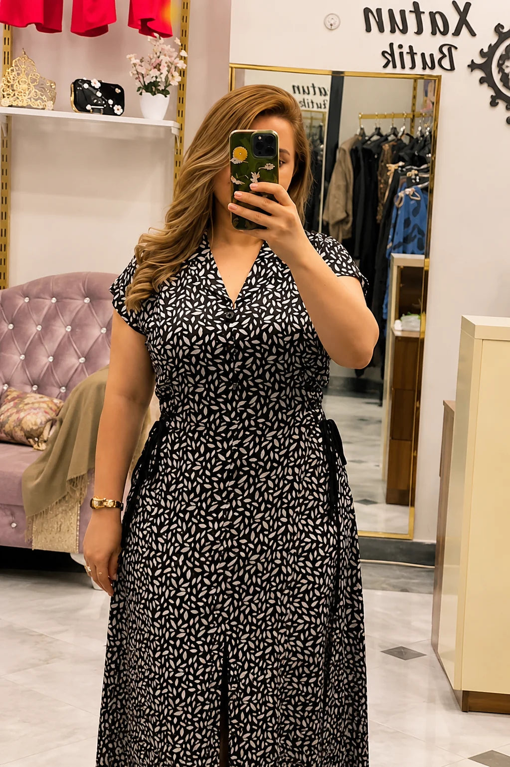 Monochrome Leaf Print Wrap Maxi Dress