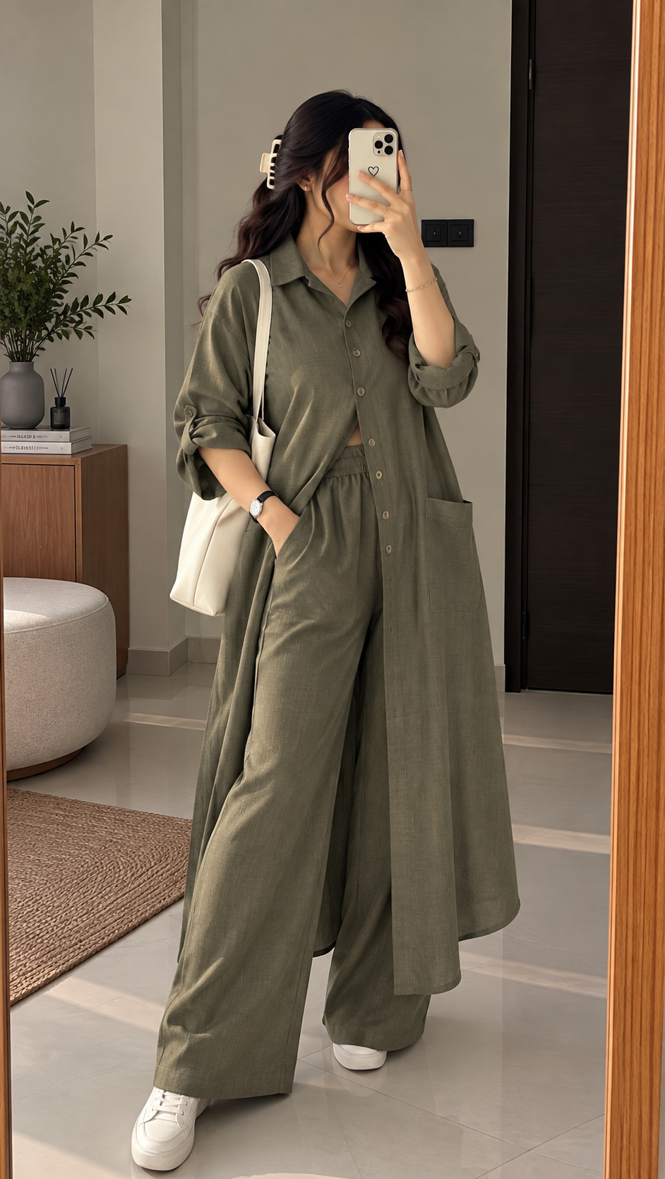 Women's Casual Oversized Long Shirt & Wide-Leg Trousers Co-ord Set with Pockets