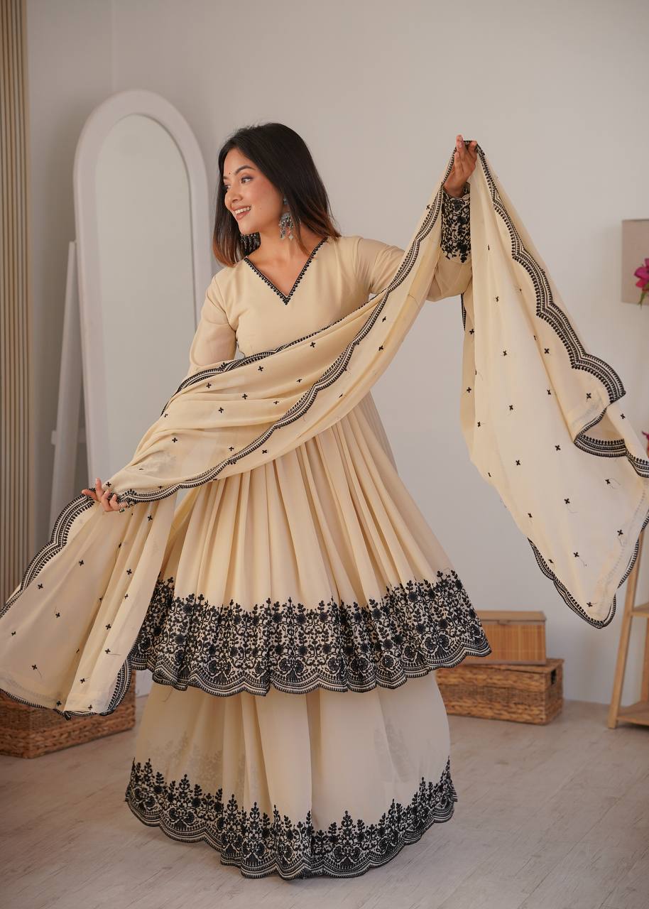 Elegant Faux Georgette Flared Gown Set with Contrast Lace Work