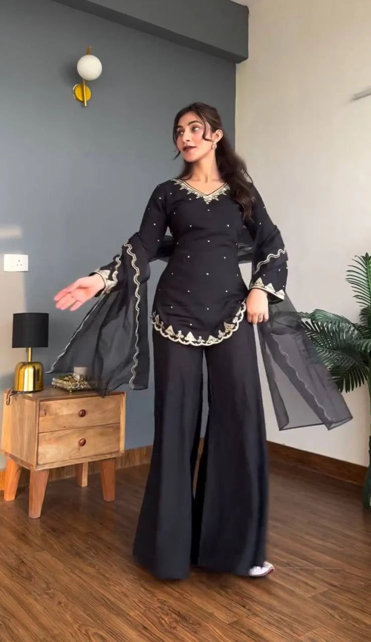 Black Pearl Embroidered Kurti with Palazzo