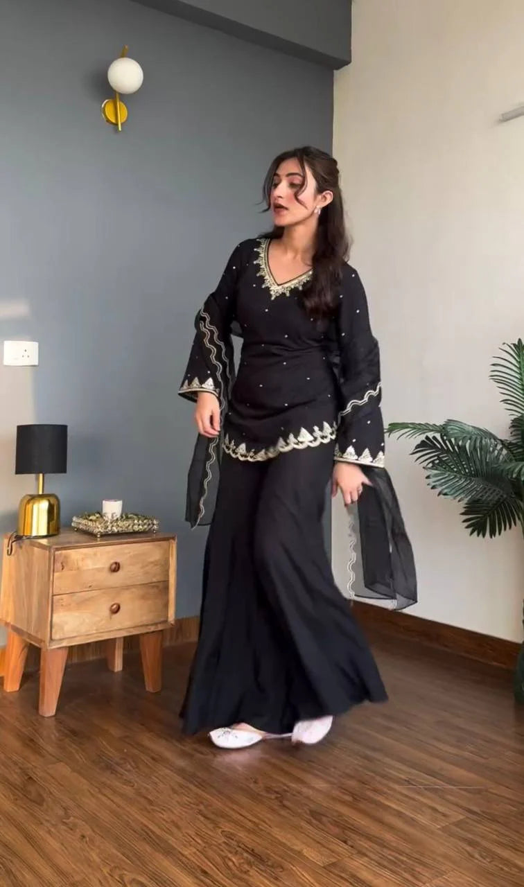 Black Pearl Embroidered Kurti with Palazzo