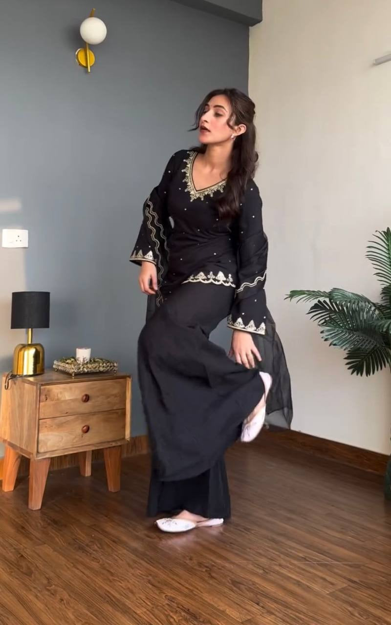 Black Pearl Embroidered Kurti with Palazzo