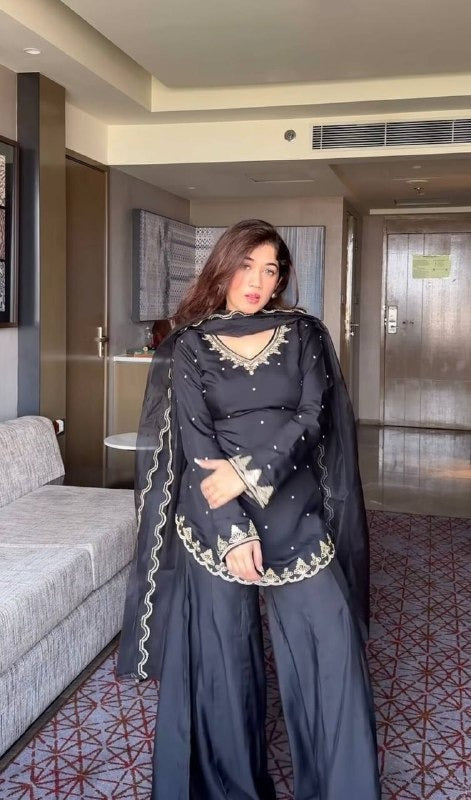 Black Pearl Embroidered Kurti with Palazzo