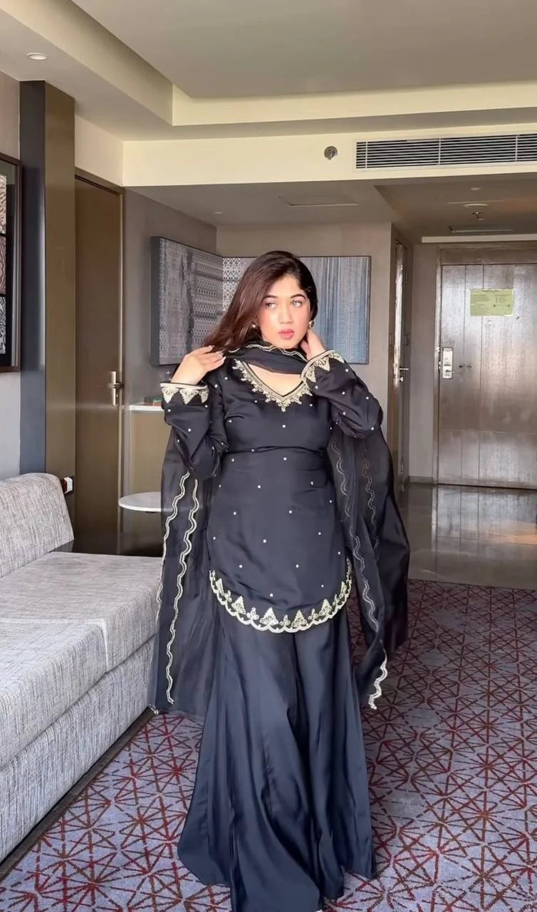 Black Pearl Embroidered Kurti with Palazzo